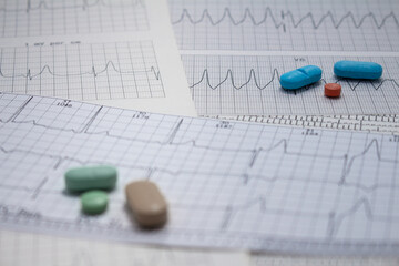 Colored pills on an EKG. Selective focus. Medical concept.