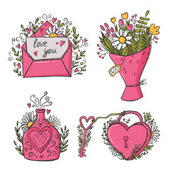 Hearts Sketchy Notebook Doodles Design Elements on Lined Sketchbook Paper Background- Vector Illustration