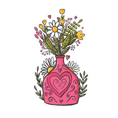 bouquet of flowers in a vase. Pink bright style. Drawn in doodle style. card with a bouquet in a vase.
