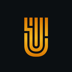 Letter U logo.Typographic signature icon.Lettering sign isolated on dark fund.Alphabet initial.Uppercase character.Modern, corporate, web, tech style.Gold color.Labyrinth, maze lines.