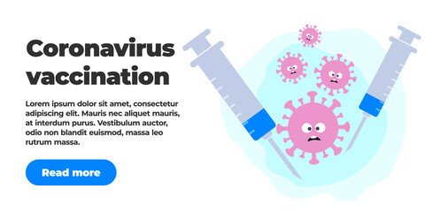 Group of scared viruses scared them in front of two syringes with antiviral vaccine, banner template with text and button read more