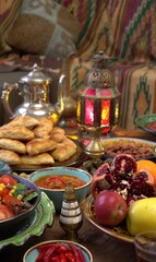 Eid mubarak. Ramadan kareem. Iftar party table with assorted festive traditional Arab dishes