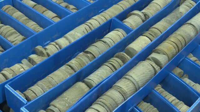 Core samples stored in a box. Geological exploration studies. Petrochemical industry.
