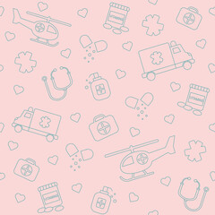 Pediatry Background Seamless Pattern, First Aid for Kids. Vector Doodle Illustration. Medicine Icons, Flat Style Illustration, Medical Seamless Background