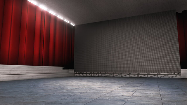 Angle view, full frame of a virtual theatrical stage with a huge videowall. A 3D rendering VR backdrop ideal for TV shows, music events or product promotions