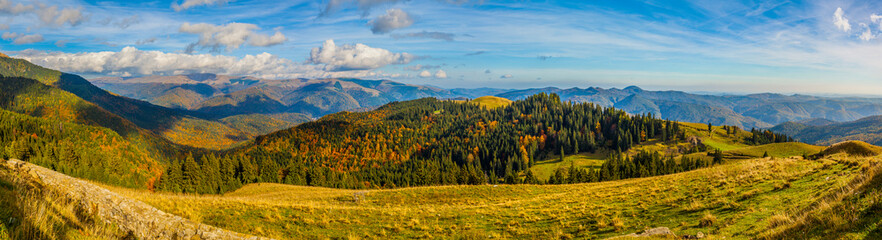Outstanding panoramic view on Bucegi Mountains, Dichiu Peak, in a autumn day, Bucegi Natural Park, Romania