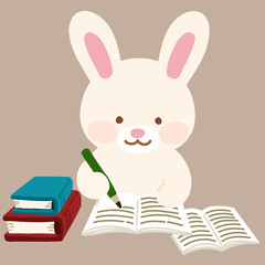 Adorable white bunny studying with notebooks and books flat colored