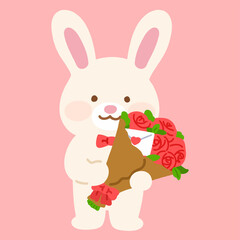 Adorable white bunny with a bouquet of red roses flat colored