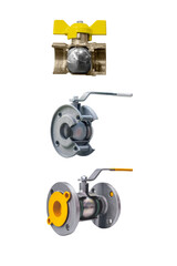 three modern manually operated shut-off valves for gas pipeline isolated on a white background. Transverse section