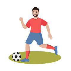 Soccer ball on the lawn with green grass.
Sportsman playing soccer or football on the field at the stadium.
Soccer player in uniform kicks the ball. Football player.