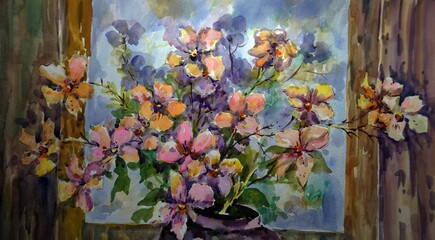 Watercolor painting art class , Flowers in a vase