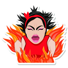 Grr! Cartoon brunette woman knitted her brows, closed her eyes, opened her mouth wide, screams with anger and rage, shaggy angry fury girl on fire of annoyance.
