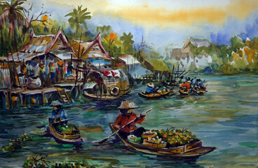 Fototapeta na wymiar Art painting color Floating market Thai land