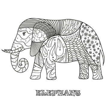 Elephant. Design Zentangle. Hand drawn elephant with abstract patterns on isolation background. Design for spiritual relaxation for adults. Black and white illustration for coloring. Zen art
