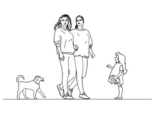 Two girls and a dog are walking.
