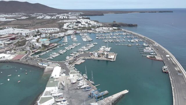 Aerial view of Marina Rubic&oacute;n, sailing haven in Playa Blanca, Lanzarote, Canary Islands