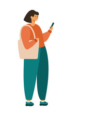 Modern fashionable young woman stands with shopping bag and looks into smartphone