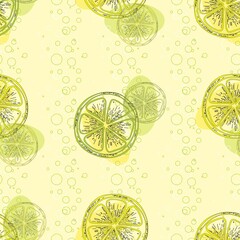 lemonade with bubbles on light background lemone and lime . for printing on fabric, paper, wallpaper. Can be used for clothes collection, branding, packaging, interior decoration, scrapbooking