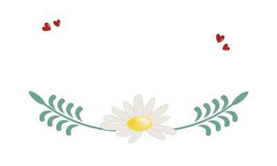 Template for a postcard, banner with decorative spikelets of bread, chamomile and hearts. Background compositions design. Vector. Minimalism style with place for text.