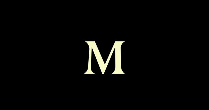 Animation of logo design. Luxury monogram. Round Emblem rotates. Capital letter M. Falling crown. Drawn ribbon. Art template in motion.