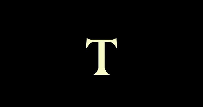 Animation of logo design. Luxury monogram. Round Emblem rotates. Capital letter T. Falling crown. Drawn ribbon. Art template in motion.