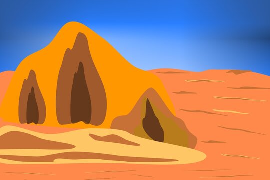 Color illustration of a sandy desert with the image of dunes for printing on paper and for creativity