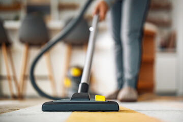 Housewife with vacuum cleaner - obrazy, fototapety, plakaty