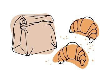 Paper bag with croissants sketch on white background. Sweet baked dessert pastrie. Dessert Bakery In Hand Drawn Vector Style for menu, cafe, restaurant, poster, banner, emblem, sticker, placard.