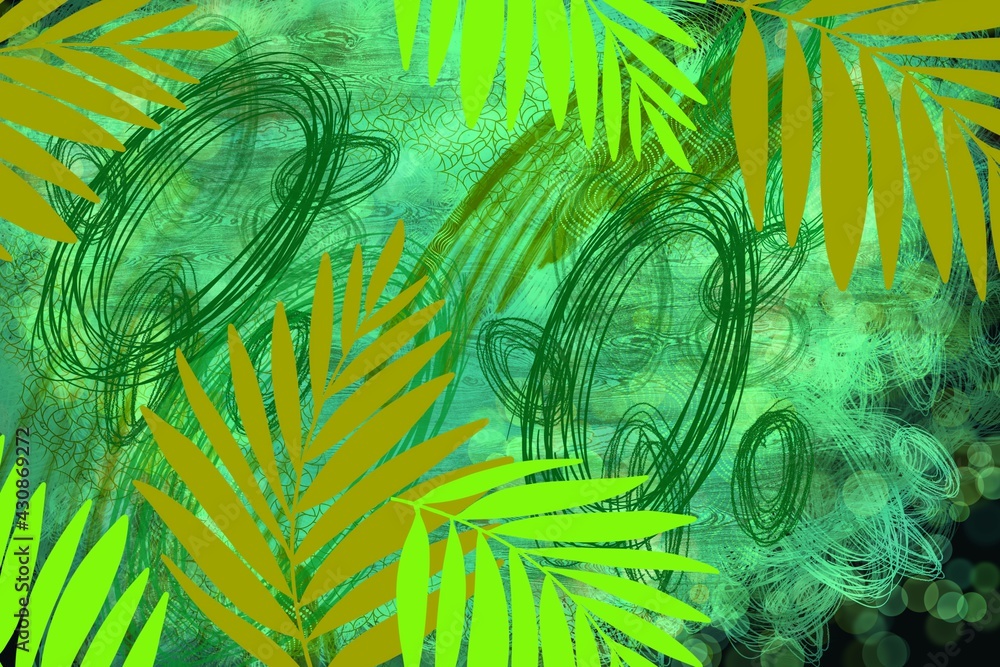 Wall mural Scribble Free form Abstract artwork with Tropical leaves and textures, for background, 
art, posters, surface design. one of a kind original decorative plants and line work.