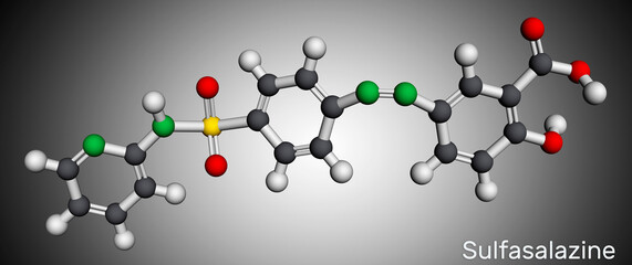 Sulfasalazine molecule. It is azobenzene, used in the management of inflammatory bowel diseases. Molecular model. 3D rendering