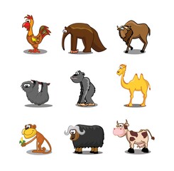Collection of hipster cartoon character animals rooster, anteater, sloth, camel, monkey, bison, cow