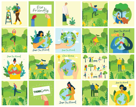 Set of eco save environment pictures. People taking care of planet collage. Zero waste, think green, save the planet, our home hand written text