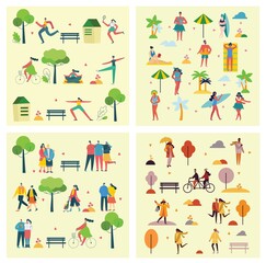 Vector illustration backgrounds of group people walking outdoor in the park on weekend