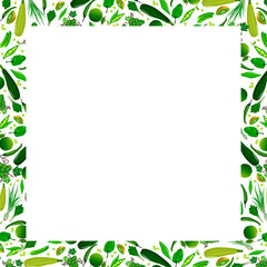 Card with a frame of green vegetables and fruits. Colorful square border with a pattern of pepper, zucchini and cabbage, onions and green peas and other fresh food. For use in menus, napkins, records