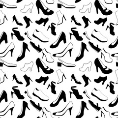 Seamless pattern with black and white women shoes on transparent background