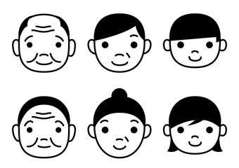 白黒の線で描いた家族の顔だけのイラスト。子供、両親、祖父母。