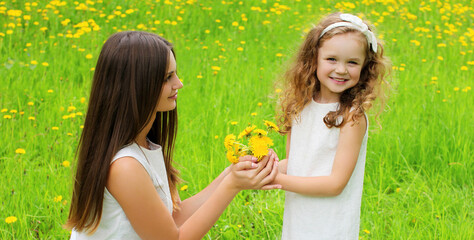 Portrait of beautiful happy smiling mother with little girl child on the grass in a summer park