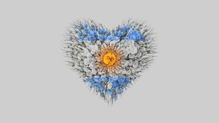 Argentina National Day. Independence Day. Heart shape made out of flowers on white background. 3D rendering.