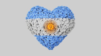 Argentina National Day. Independence Day. Heart shape made out of flowers on white background. 3D rendering.
