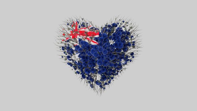 Australia National Day. Heart shape made out of flowers on white background. 3D rendering.