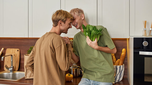 Cheerful homosexual pair unpacking greenery near table