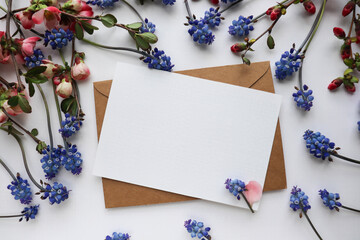 postcard layout. composition of spring flowers and white blank for the text. congratulation. invitation. 