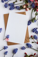 postcard layout. composition of spring flowers and white blank for the text. congratulation. invitation. 