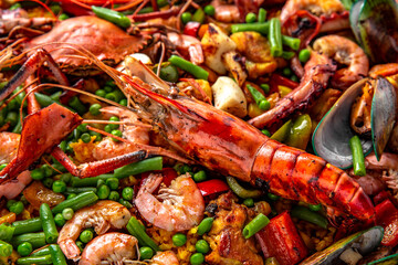 Paella. Spanish dish of rice and seafood, vegetables and chicken. Shrimp, octopus, crab and mussels. Banquet festive dishes. Gourmet restaurant menu. White background. Pattern