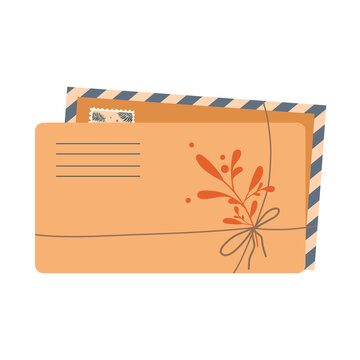 Several envelopes decorated with a branch with leaves. Symbol of postal message, post mail, email, business document. Icon