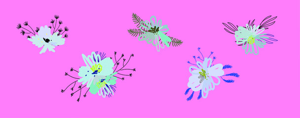 Collection of blue flower arrangements. Ready-made flower bouquet cliparts for logo, stationery, and web design. Isolated flower arrangements drawn by hand. Modern hand-drawn vector illustrations.
