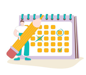male Character Circle Date on Huge Calendar Planning Important Matter. Time Management, Work Organization and Life Events Notification, Memo Reminder, Work Plan. Cartoon Vector Illustration