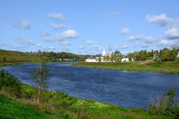 Obraz premium View of the Volga River and the Staritsky Holy Dormition Monastery, Staritsa, Tver region, Russian Federation, September 20, 2020