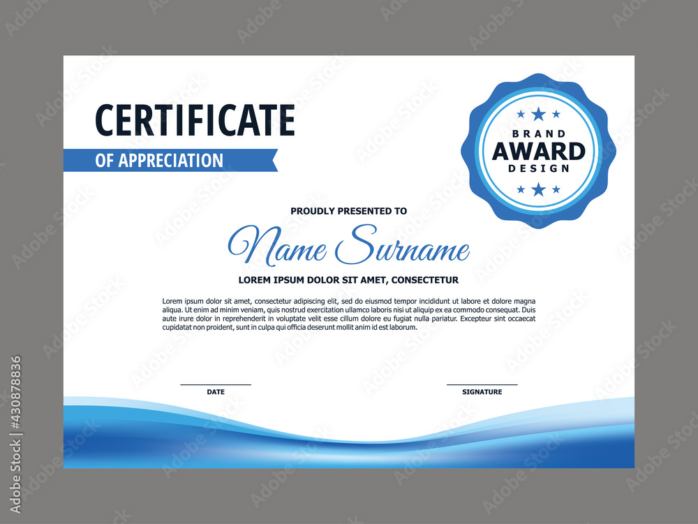 Poster abstract smooth certificate with blue wavy element design, professional, modern, elegant certificate