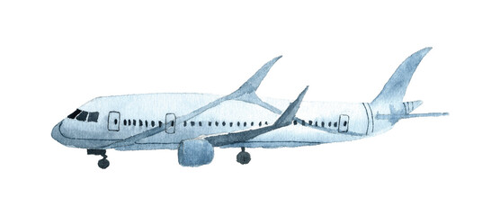 Passenger Airplane on white background. Watercolor hand drawn Illustration for Icon or Postcard. Isolated drawing of Plane